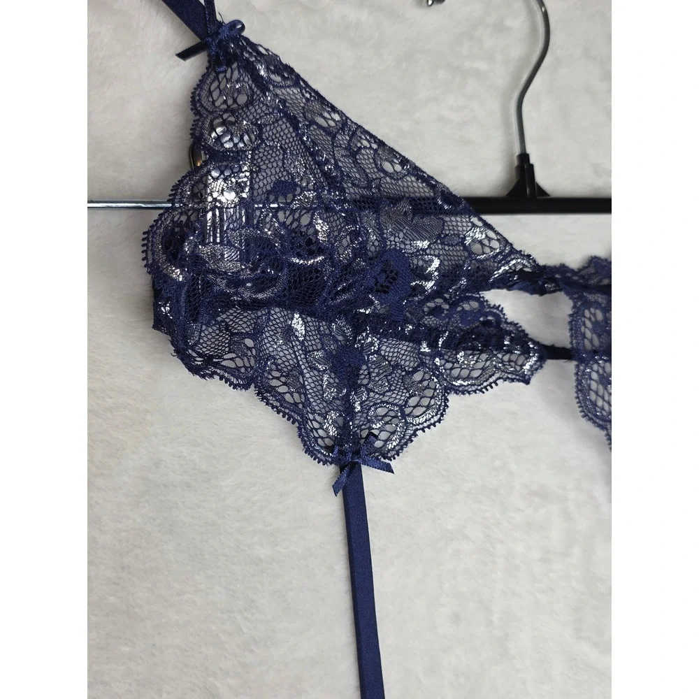 Victoria's Secret‎ NWT Dream Angels Navy Silver Metallic Lace Garter  Belt XS/S